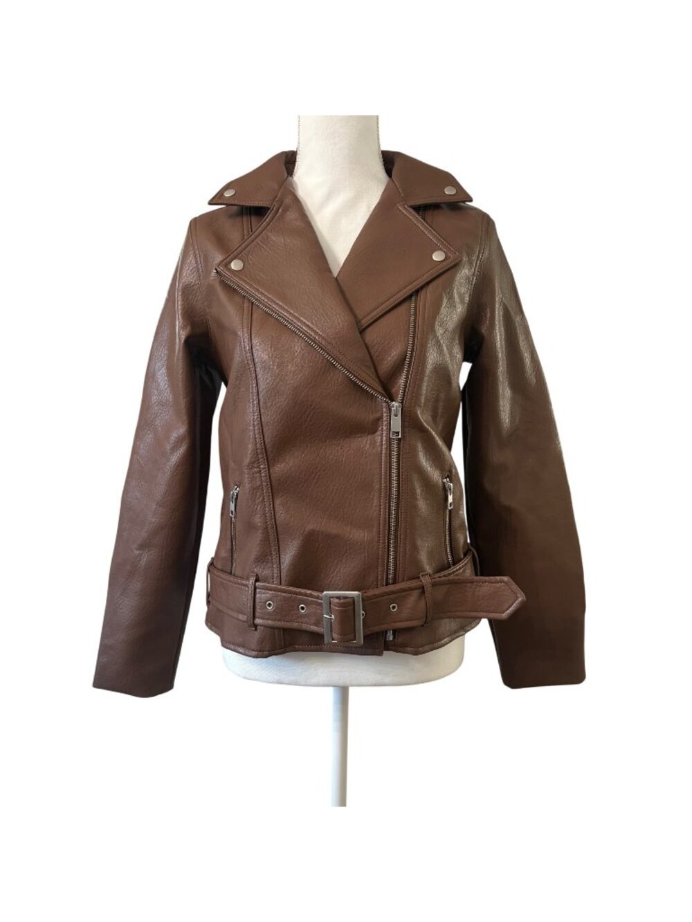 Old Navy Brown Faux Leather Moto Jacket Belted Biker Coat Zip Pocket Size Small